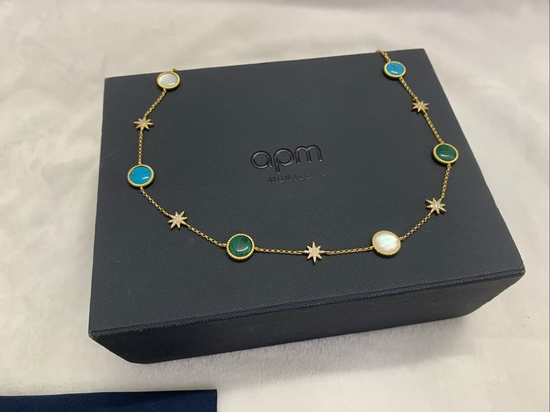 APM Monaco Turquoise and Malachite Gold Necklace